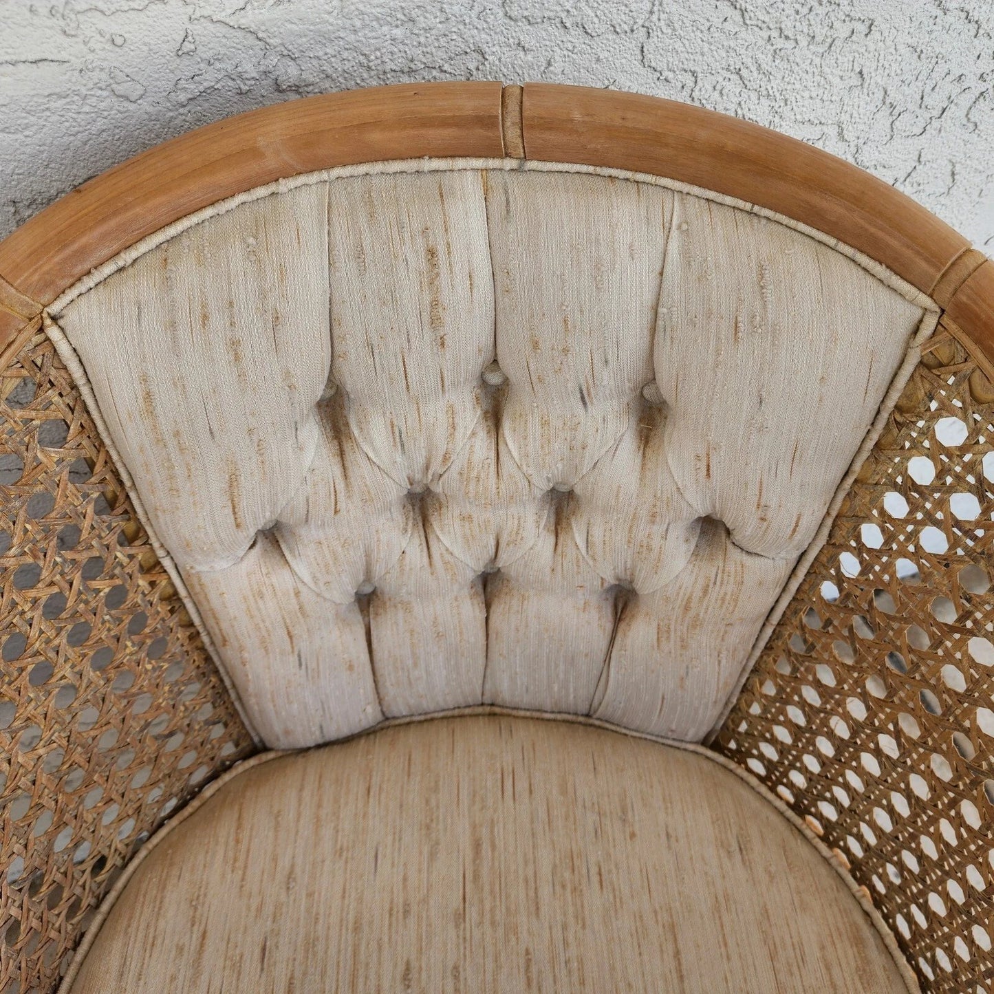 Vintage French Faux Bamboo Cane Linen Chairs Pair