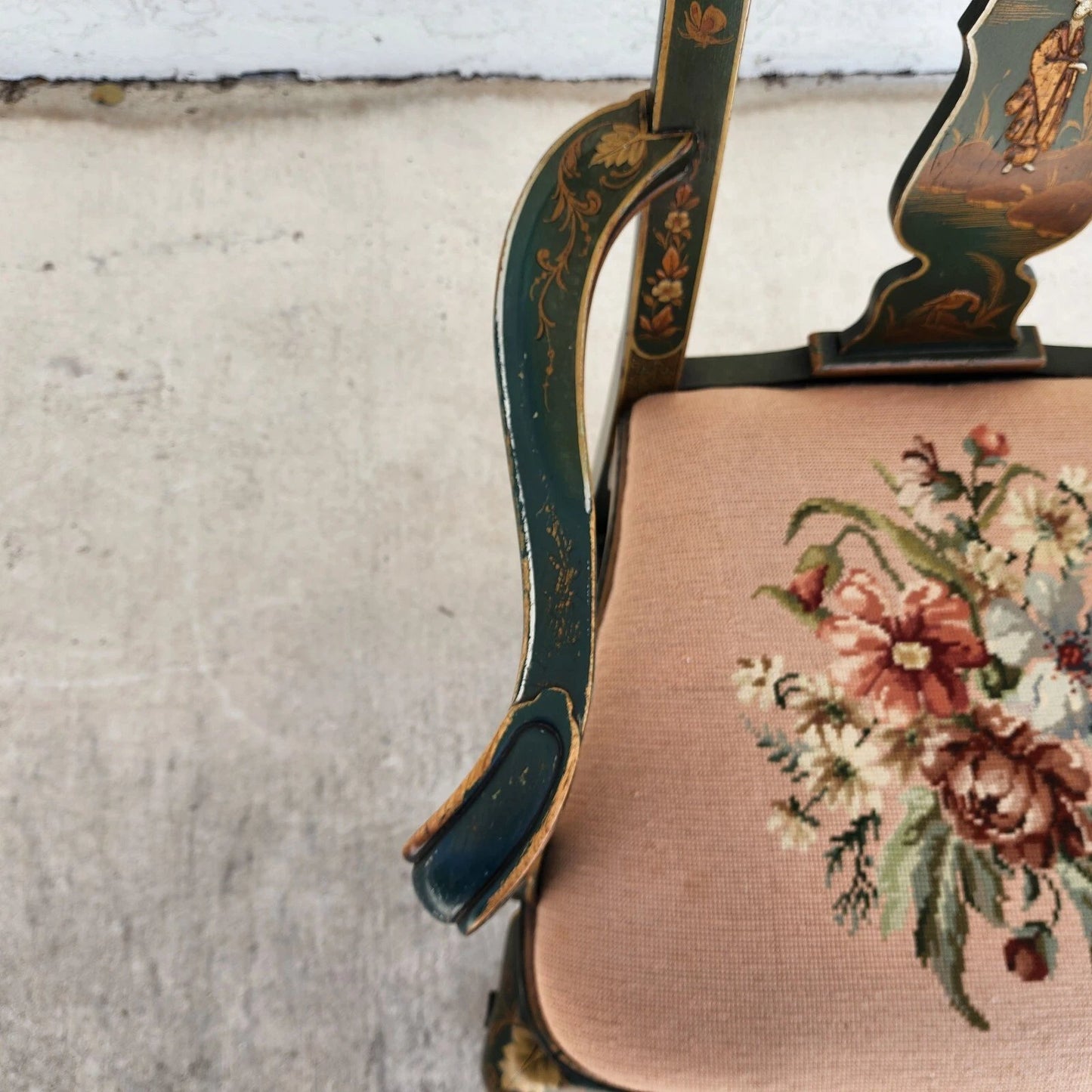 Antique Chinoiserie Decorated Queen Anne Arm Chair ca 1930