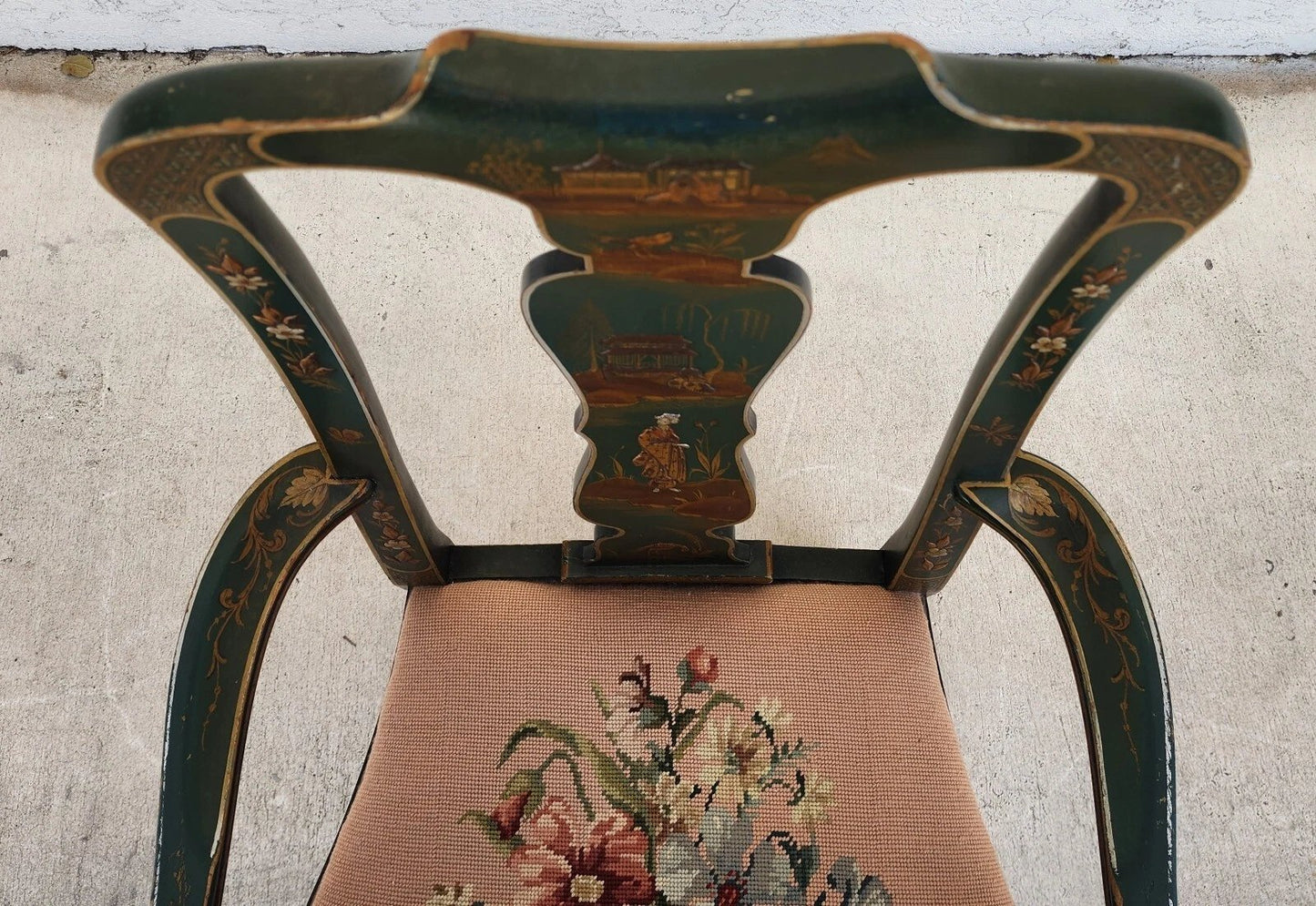 Antique Chinoiserie Decorated Queen Anne Arm Chair ca 1930