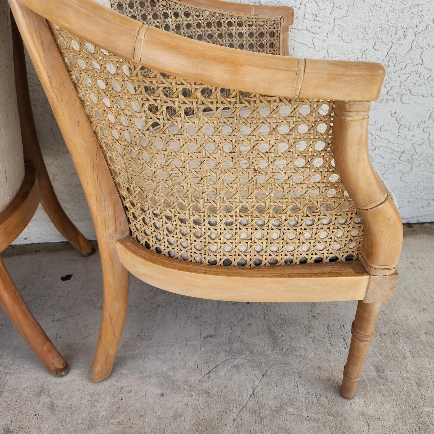 Vintage French Faux Bamboo Cane Linen Chairs Pair
