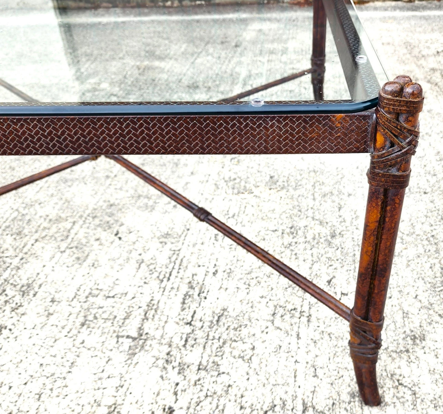 Maitland Smith Style Faux Metal Bamboo Glass & Leather Cocktail Table