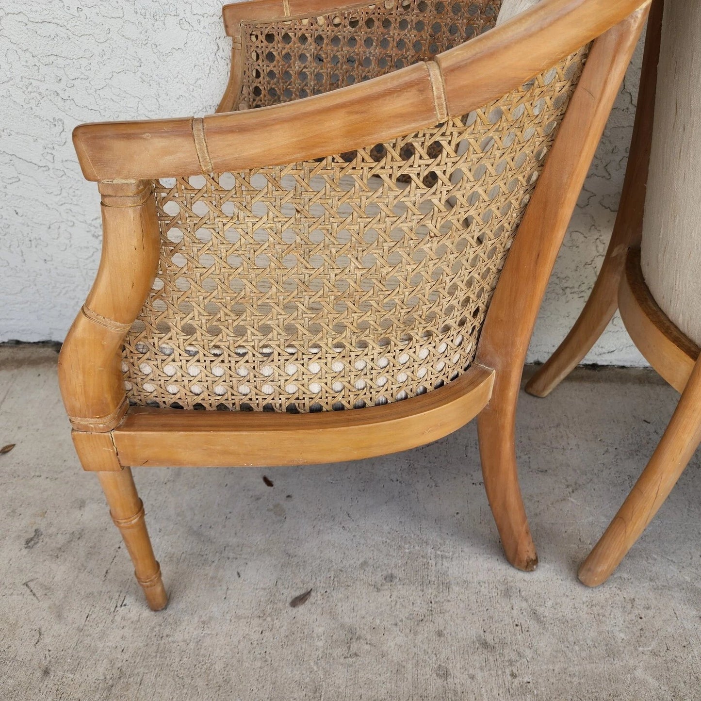 Vintage French Faux Bamboo Cane Linen Chairs Pair