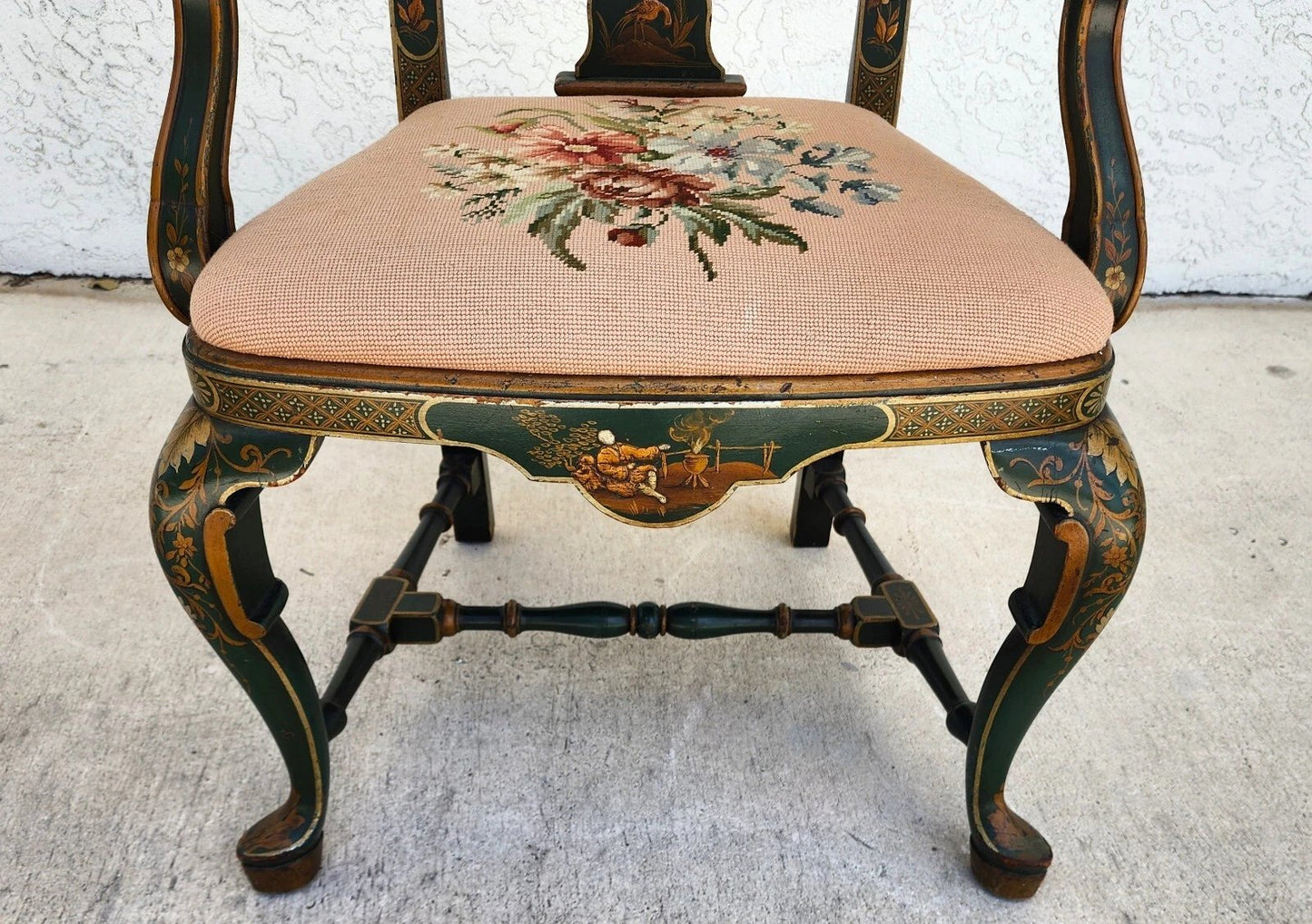 Antique Chinoiserie Decorated Queen Anne Arm Chair ca 1930
