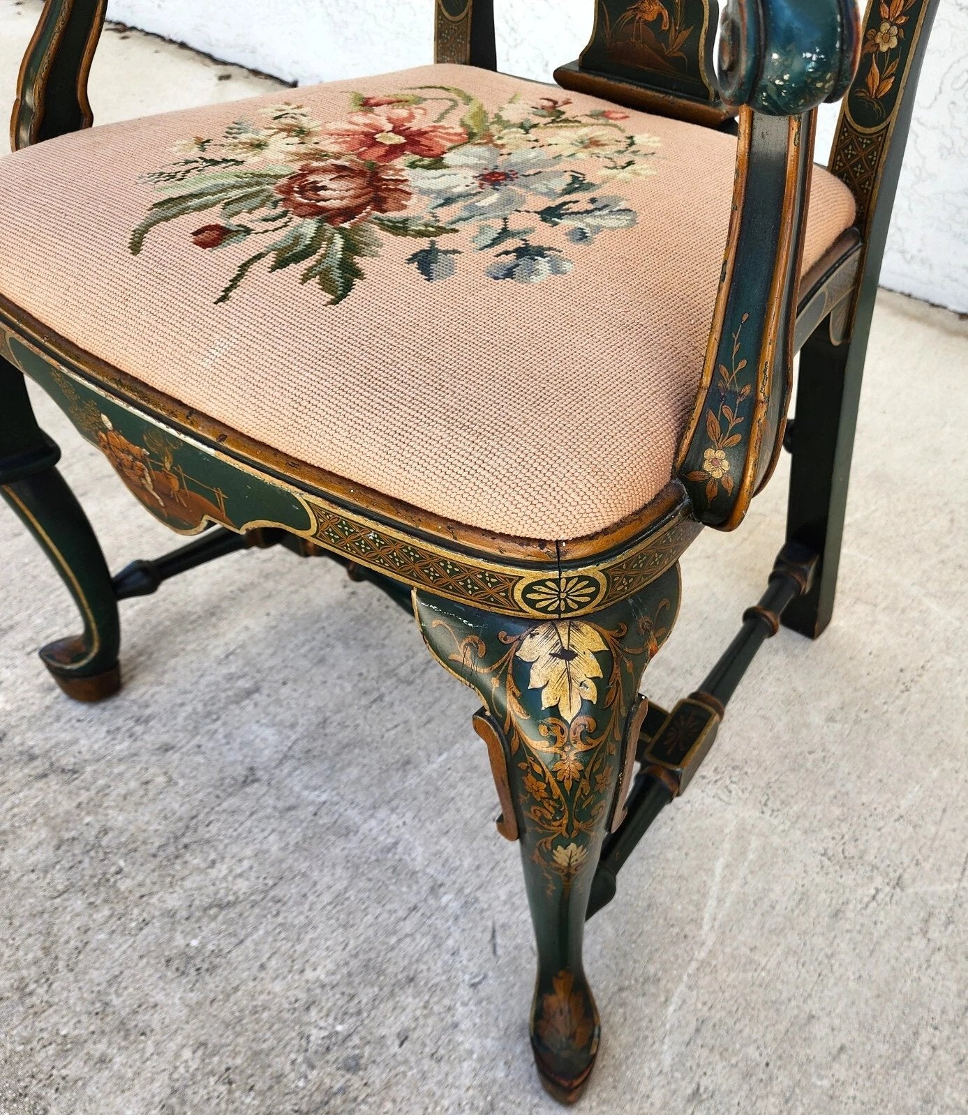 Antique Chinoiserie Decorated Queen Anne Arm Chair ca 1930