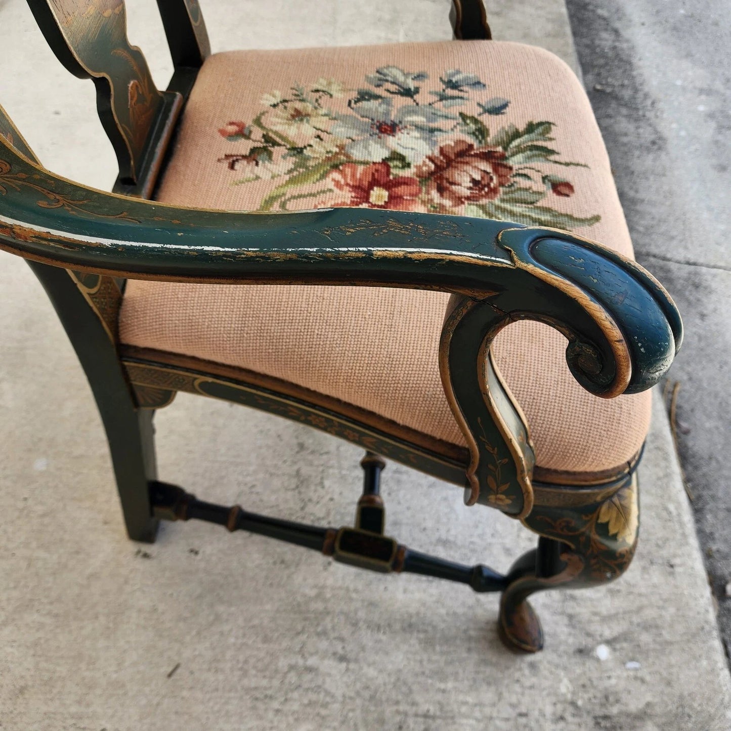 Antique Chinoiserie Decorated Queen Anne Arm Chair ca 1930