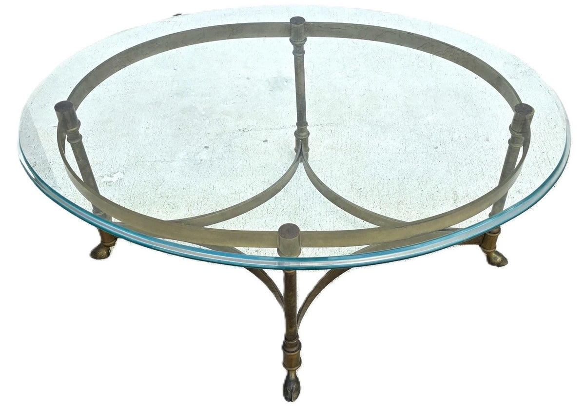 Vintage LaBarge Hexagonal Brass Hoof Footed Glass Top Coffee Table