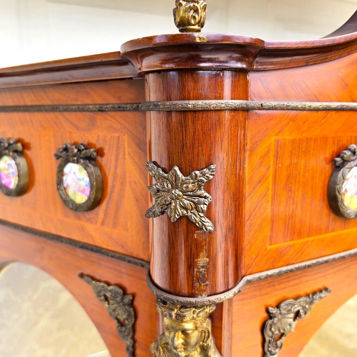 French Louis XV Marquetry Display Cabinet Figural Mounts Porcelain Medallions