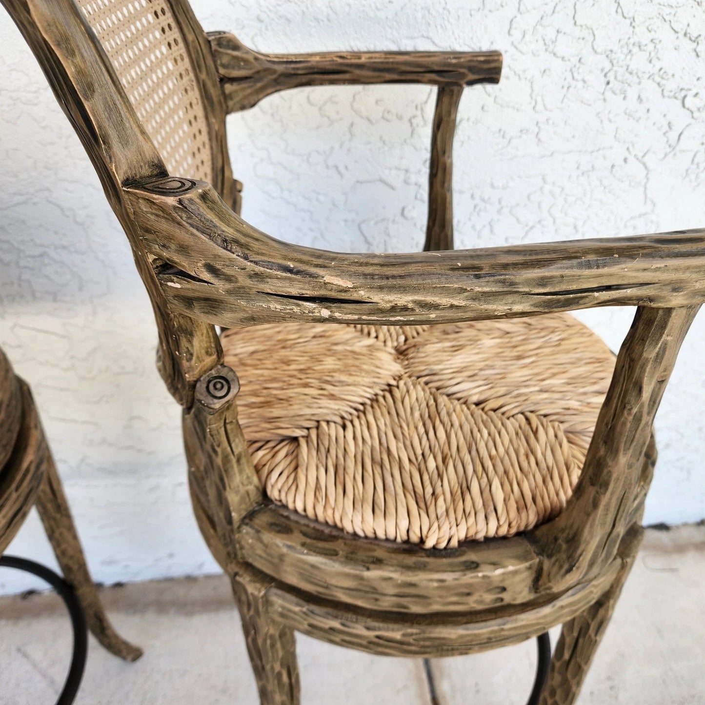 French Country Barstools Faux Bois Swivel Set of 3