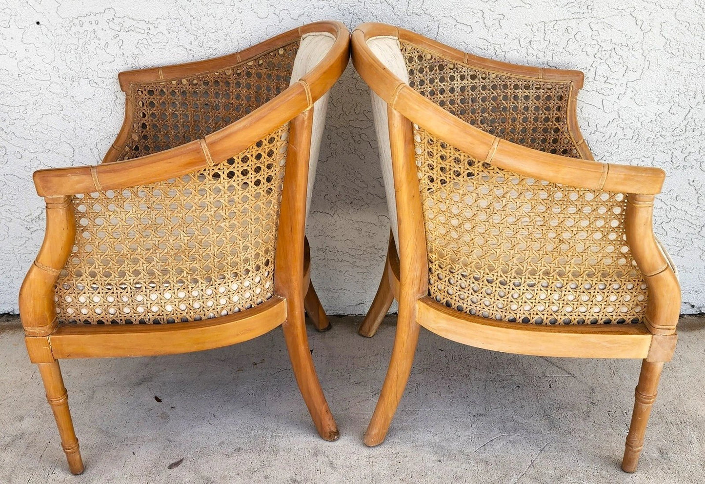 Vintage French Faux Bamboo Cane Linen Chairs Pair