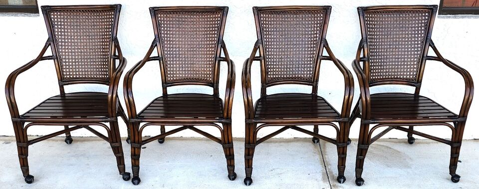 Bamboo Dining Chairs Caned Rolling Set of 4