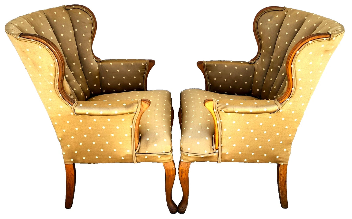 Vintage Queen Anne Channel Wingback Armchairs Pair