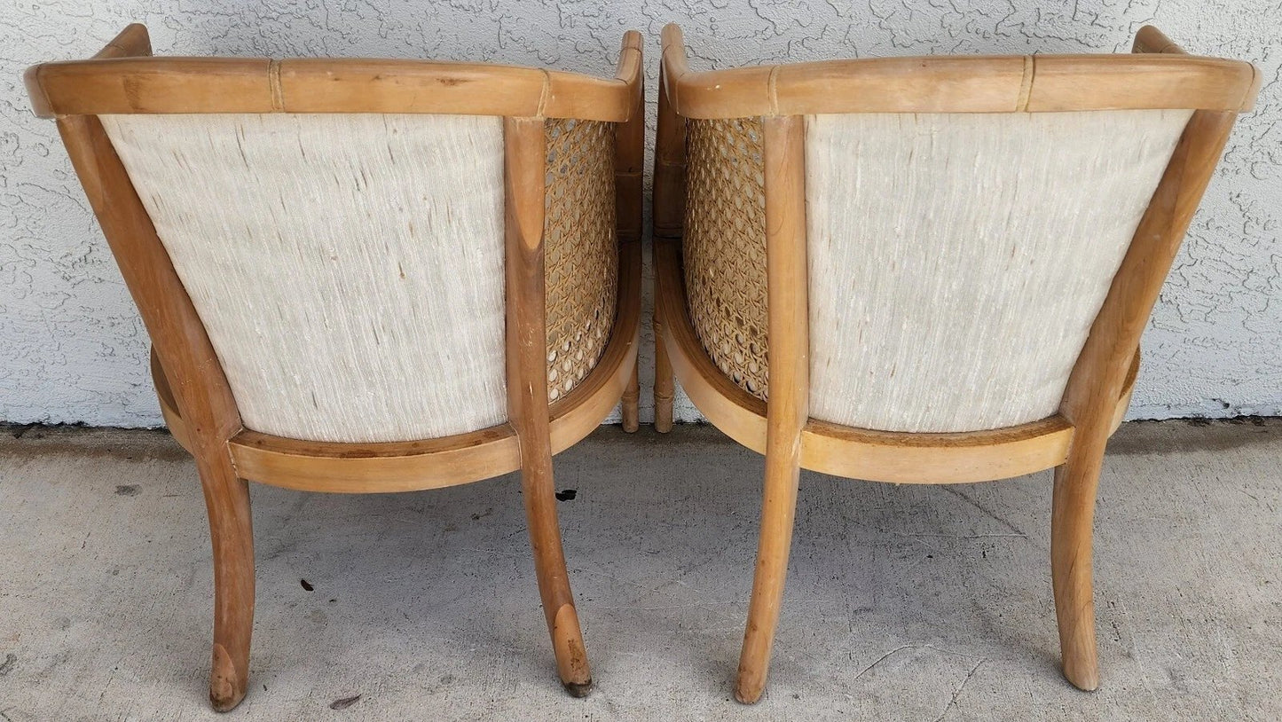 Vintage French Faux Bamboo Cane Linen Chairs Pair