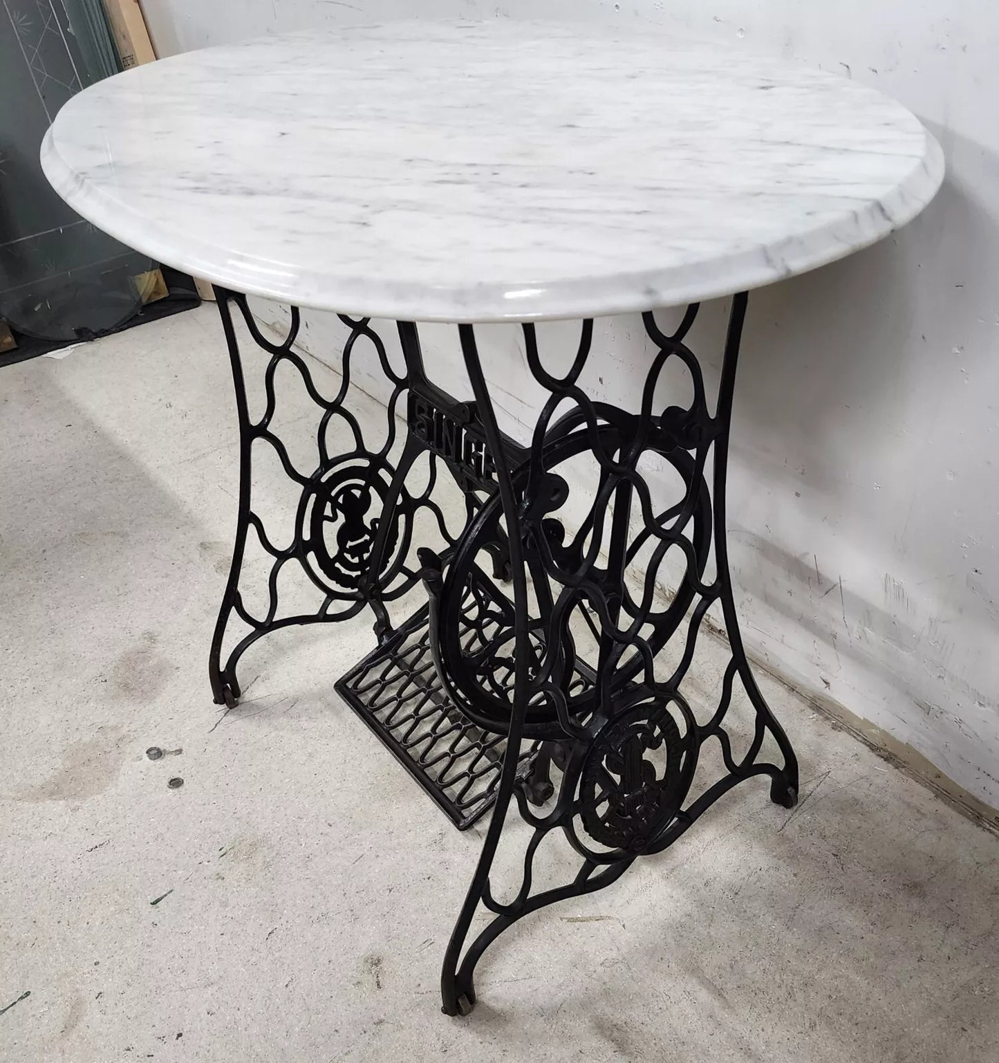 Antique Singer Iron Table Carrara Marble Top