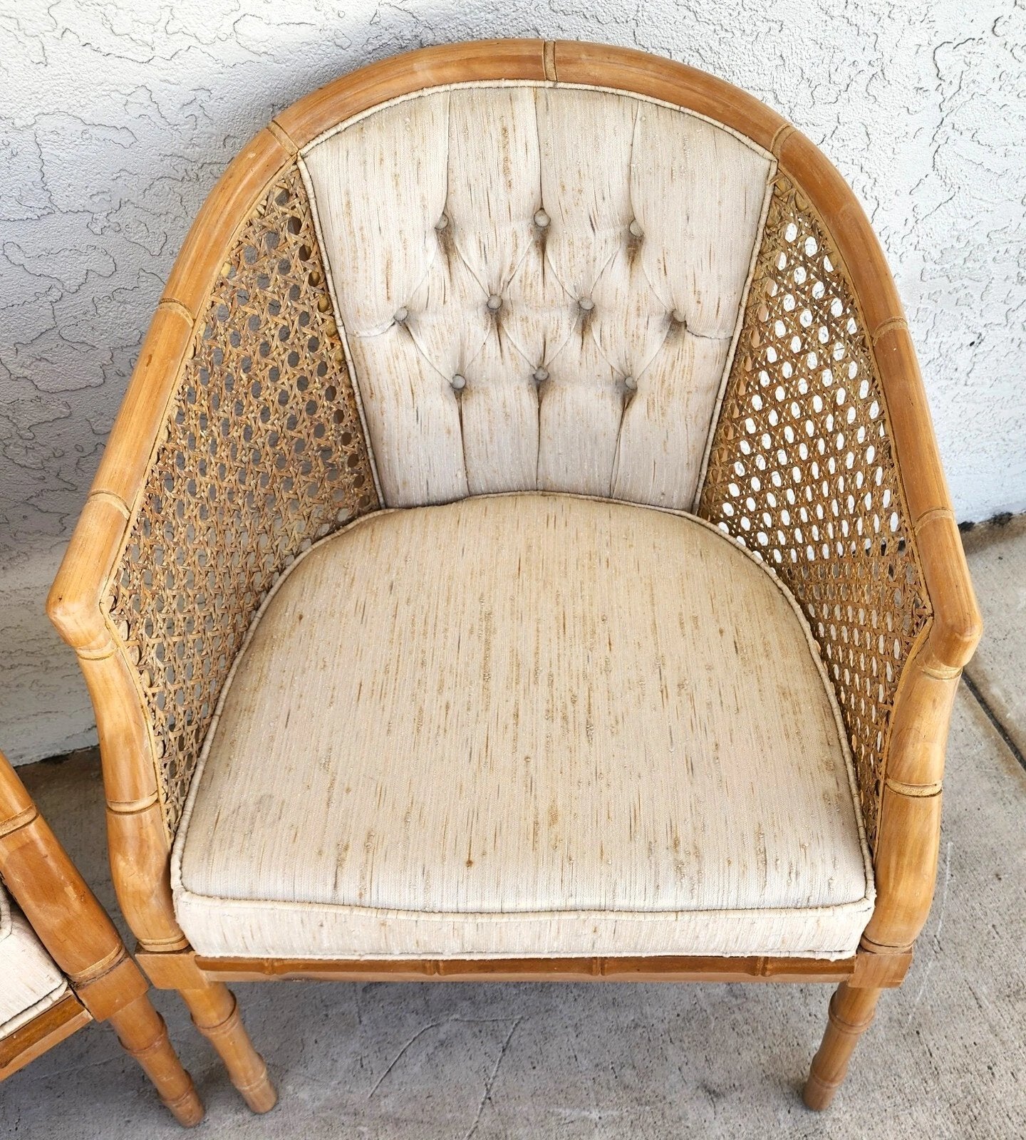 Vintage French Faux Bamboo Cane Linen Chairs Pair