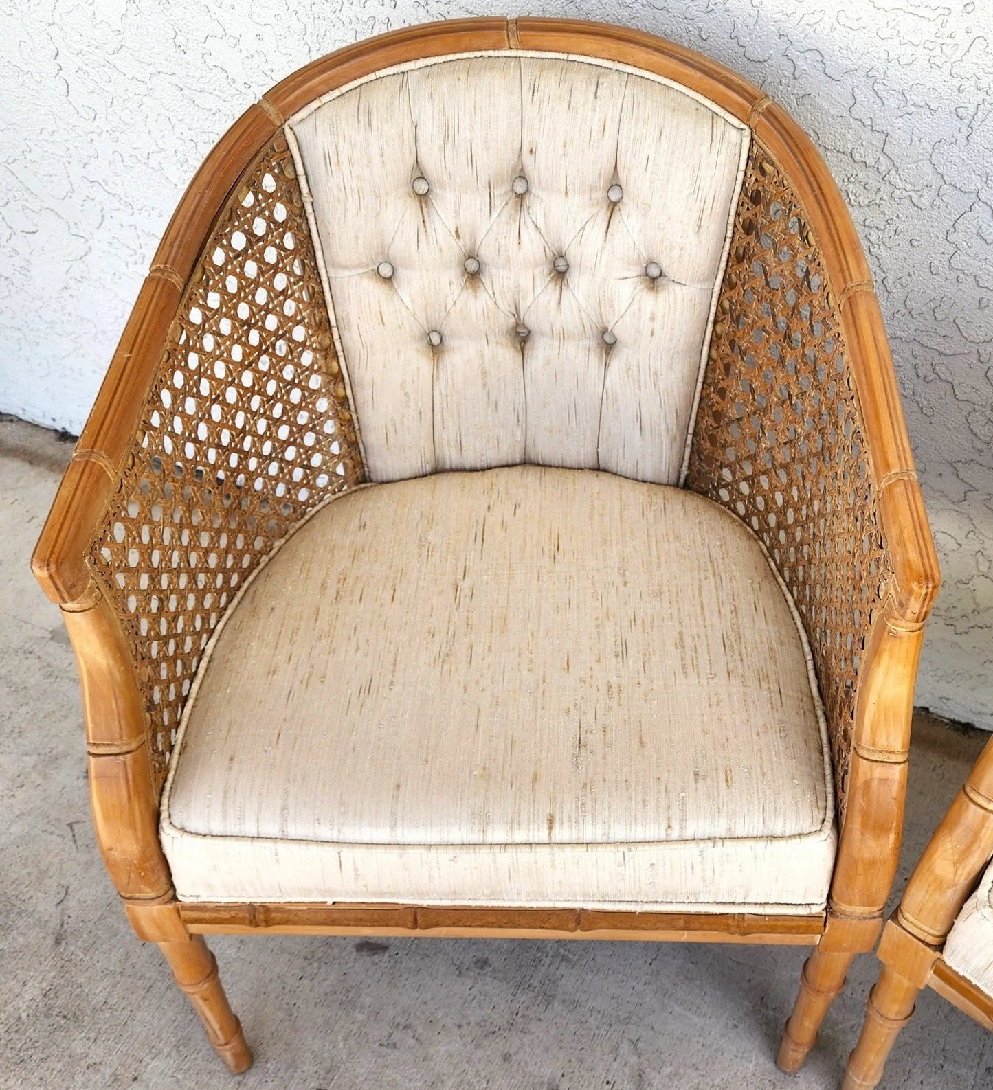 Vintage French Faux Bamboo Cane Linen Chairs Pair