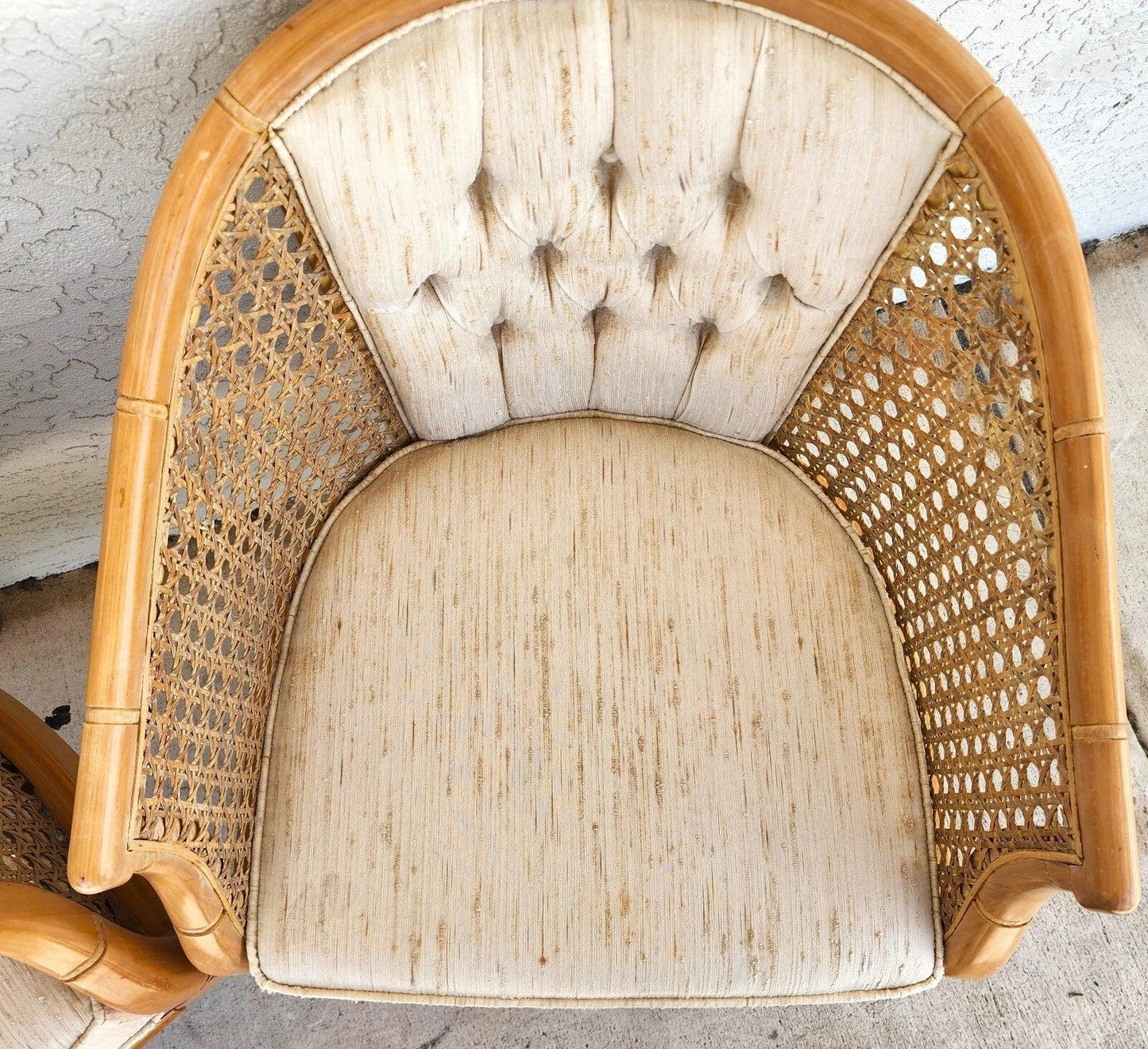 Vintage French Faux Bamboo Cane Linen Chairs Pair