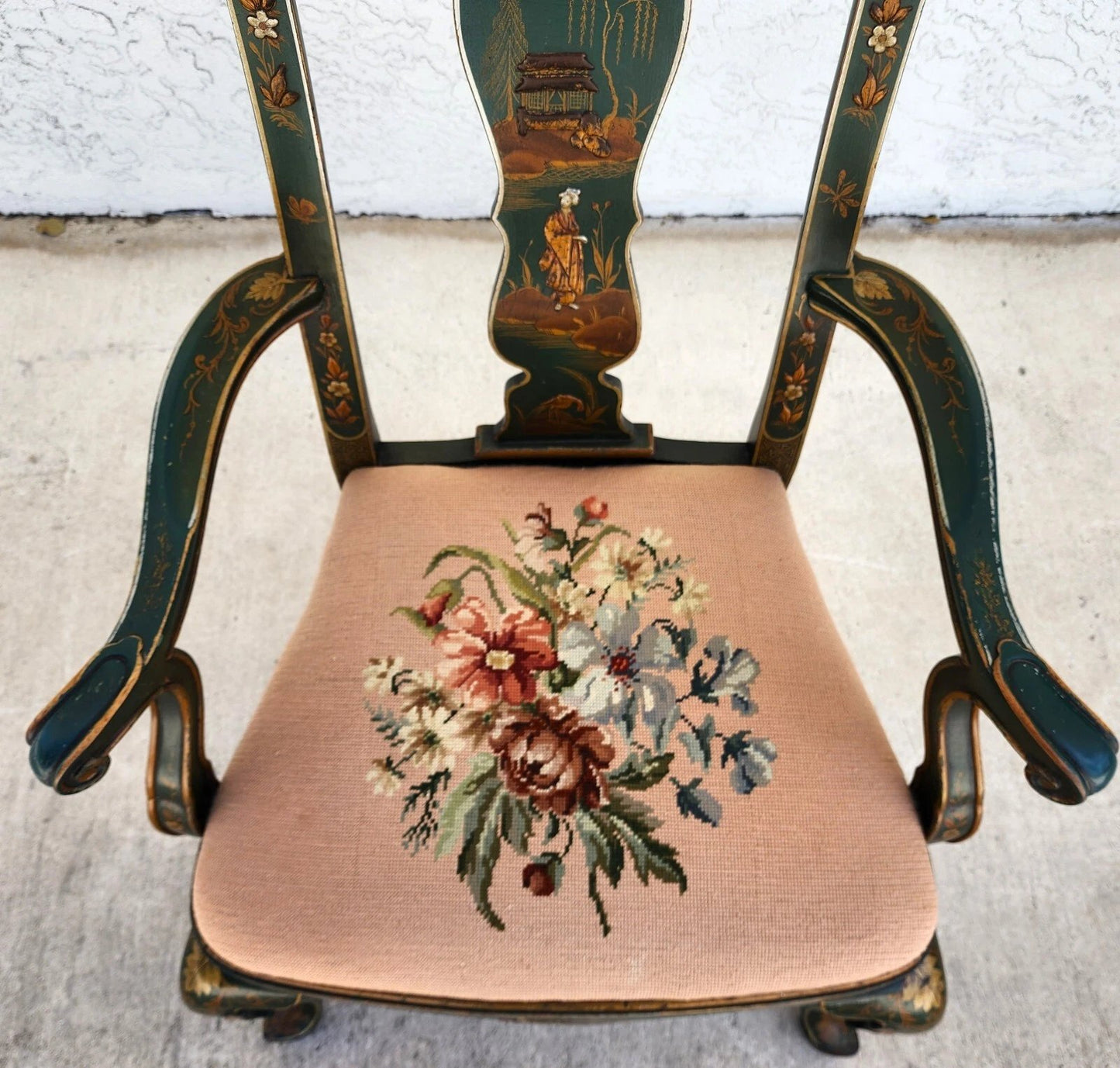 Antique Chinoiserie Decorated Queen Anne Arm Chair ca 1930