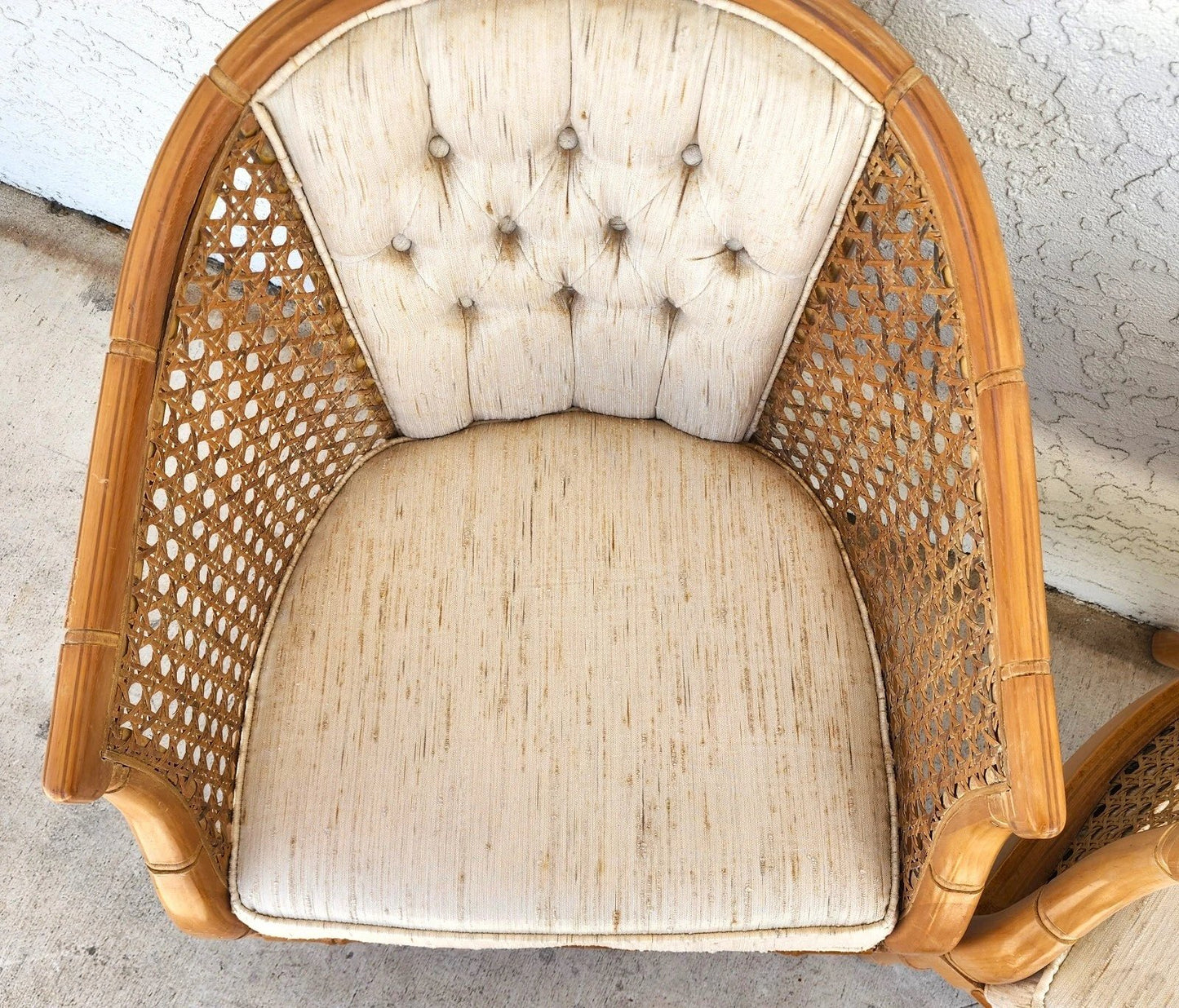 Vintage French Faux Bamboo Cane Linen Chairs Pair