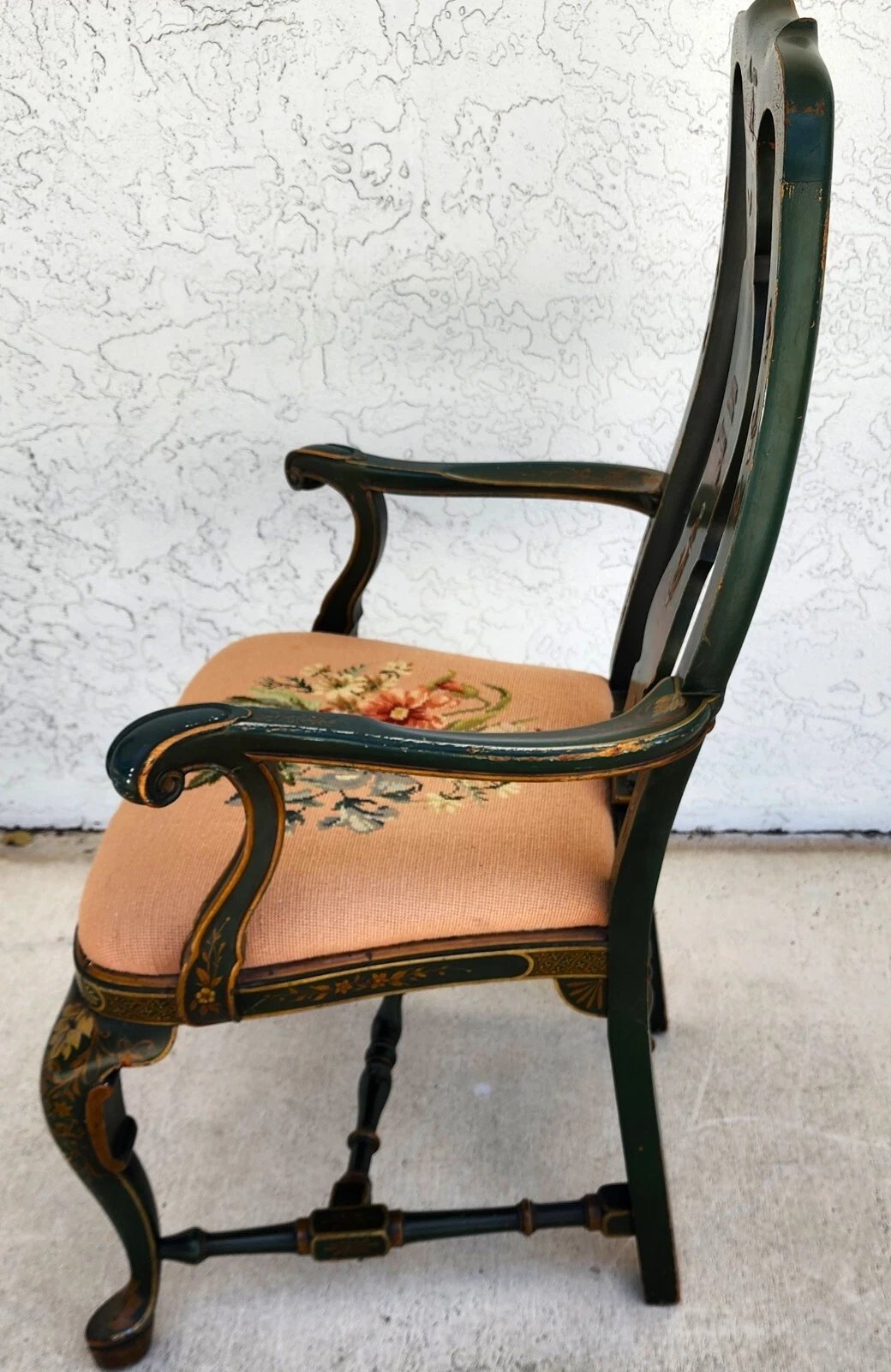 Antique Chinoiserie Decorated Queen Anne Arm Chair ca 1930