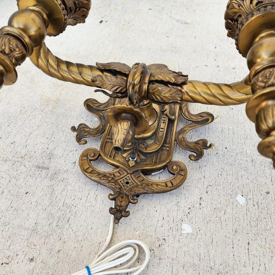 Antique 1800s French Sconce Light Solid Brass Converted Oil Lamp
