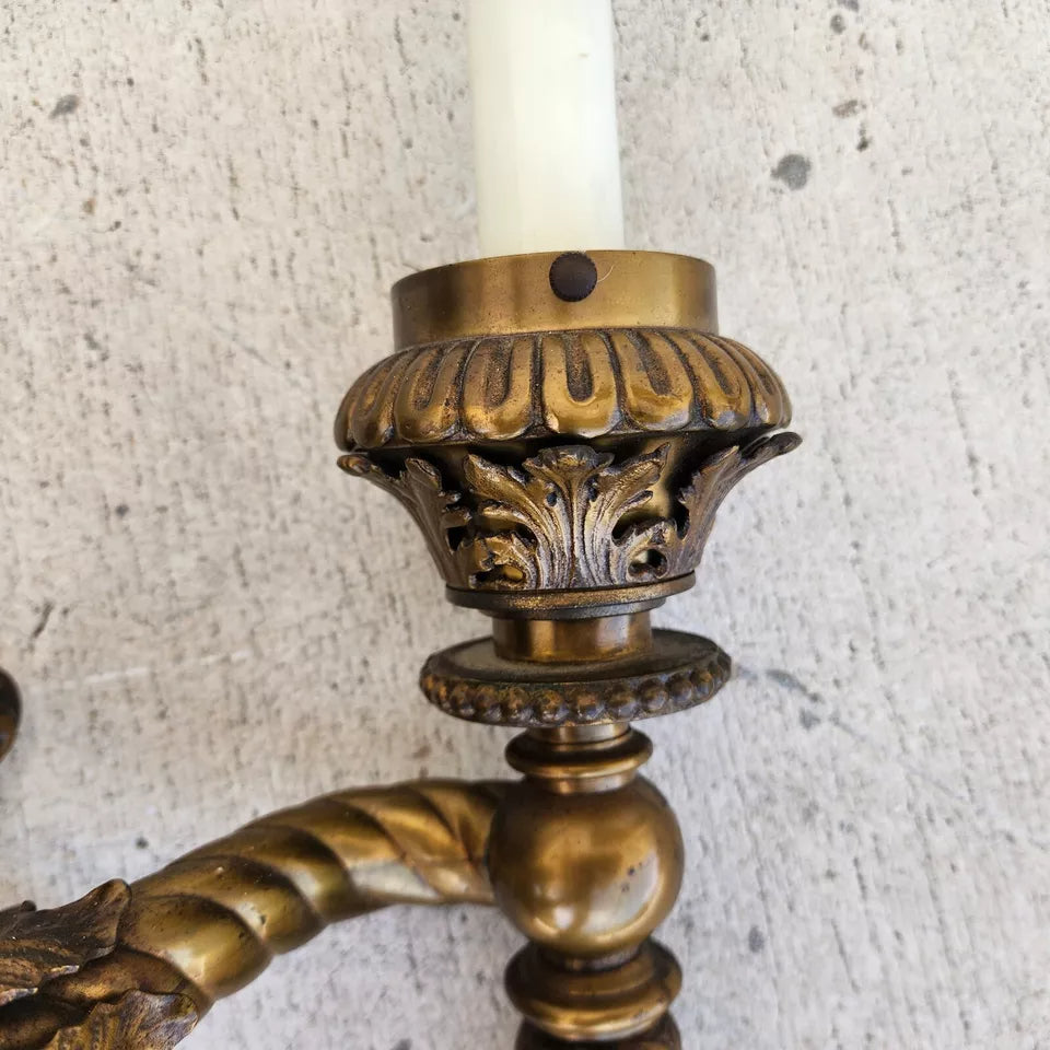 Antique 1800s French Sconce Light Solid Brass Converted Oil Lamp