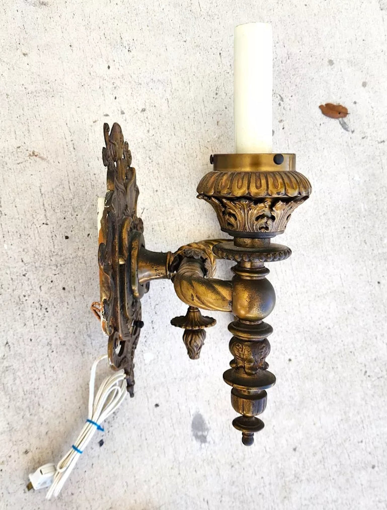 Antique 1800s French Sconce Light Solid Brass Converted Oil Lamp