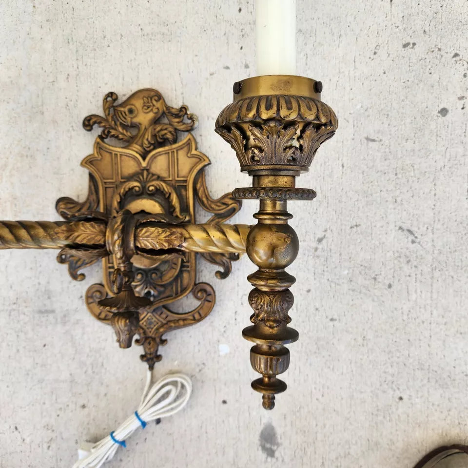 Antique 1800s French Sconce Light Solid Brass Converted Oil Lamp