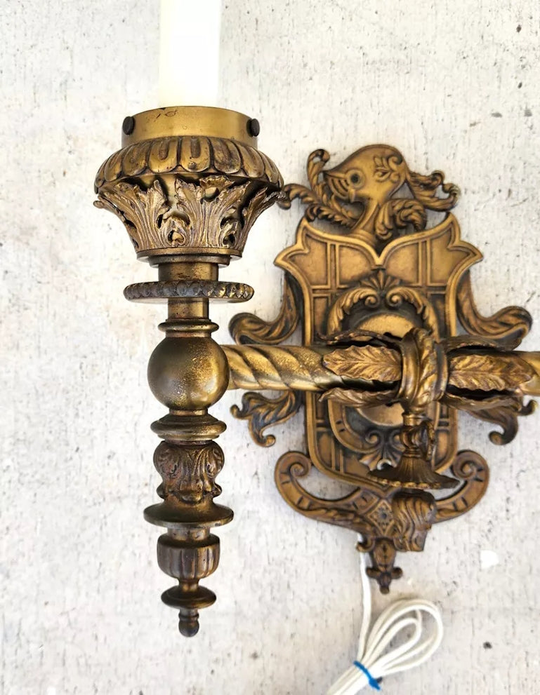 Antique 1800s French Sconce Light Solid Brass Converted Oil Lamp
