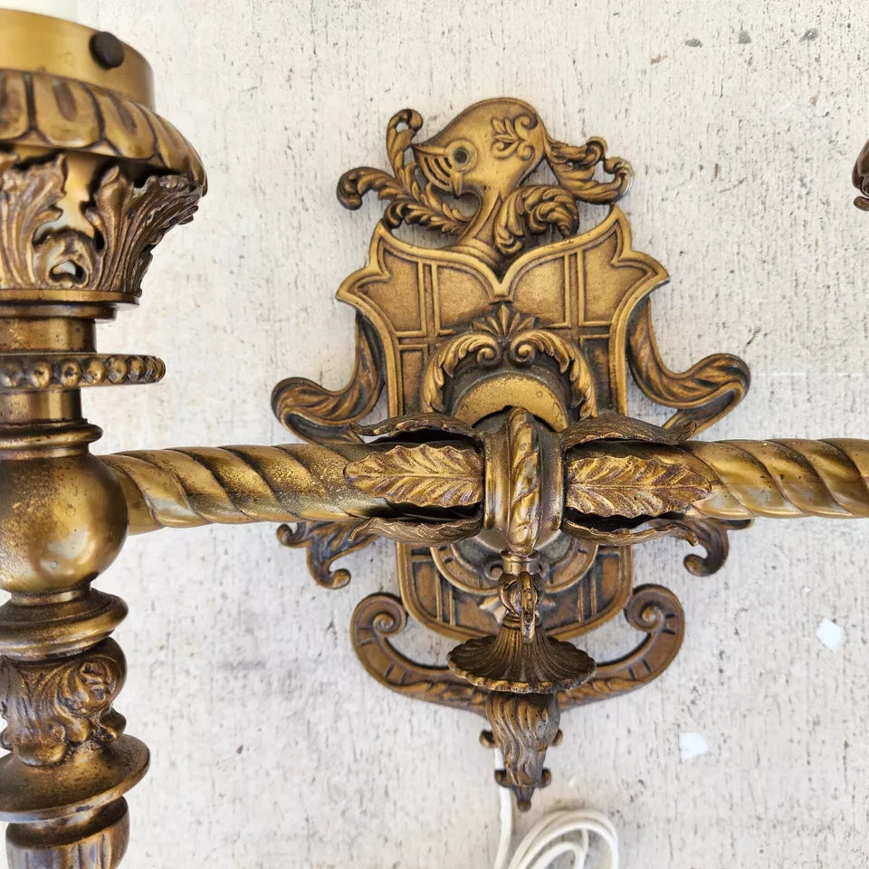 Antique 1800s French Sconce Light Solid Brass Converted Oil Lamp