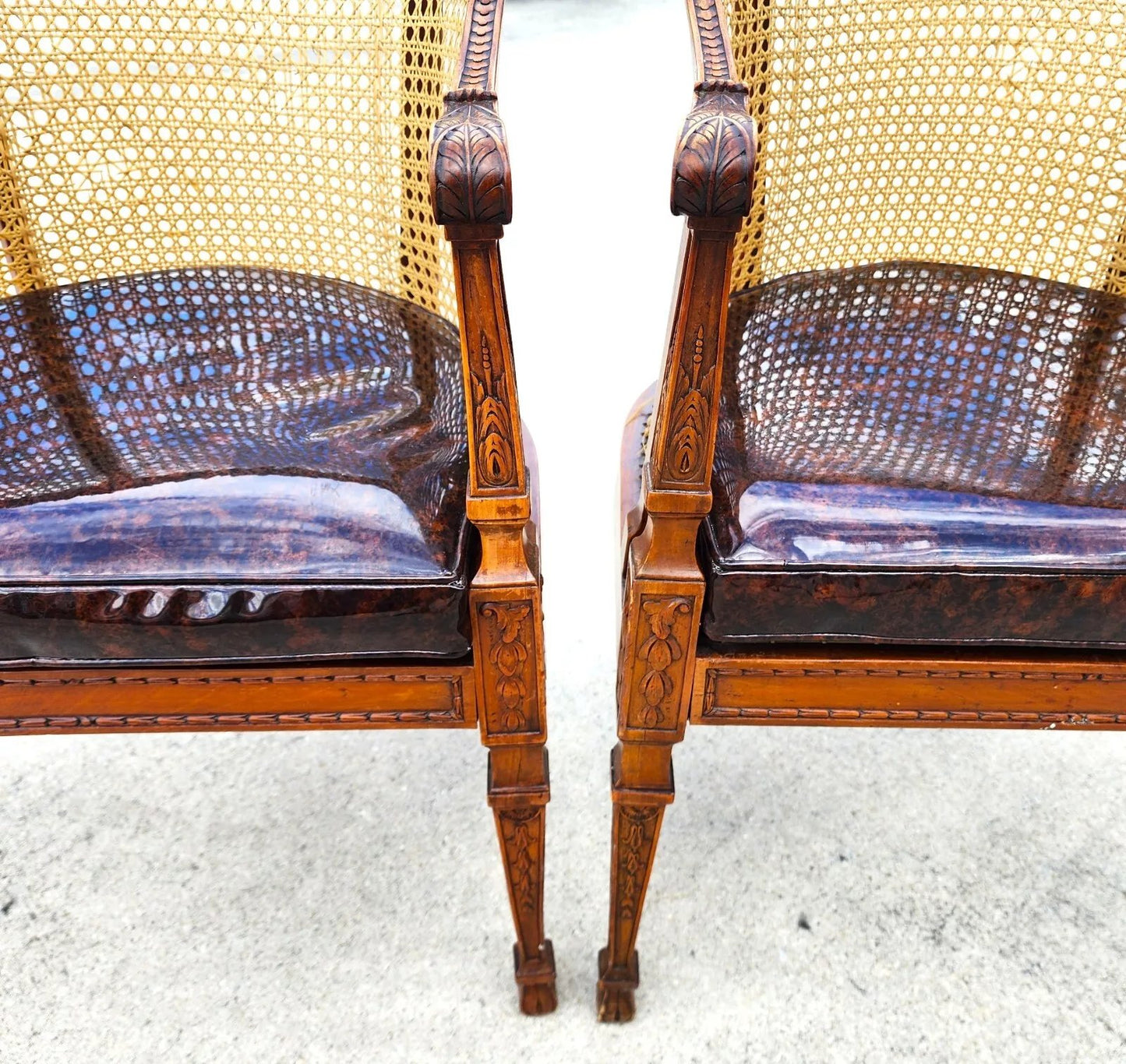 Antique Regency Walnut Caned Chairs Bergere Pair