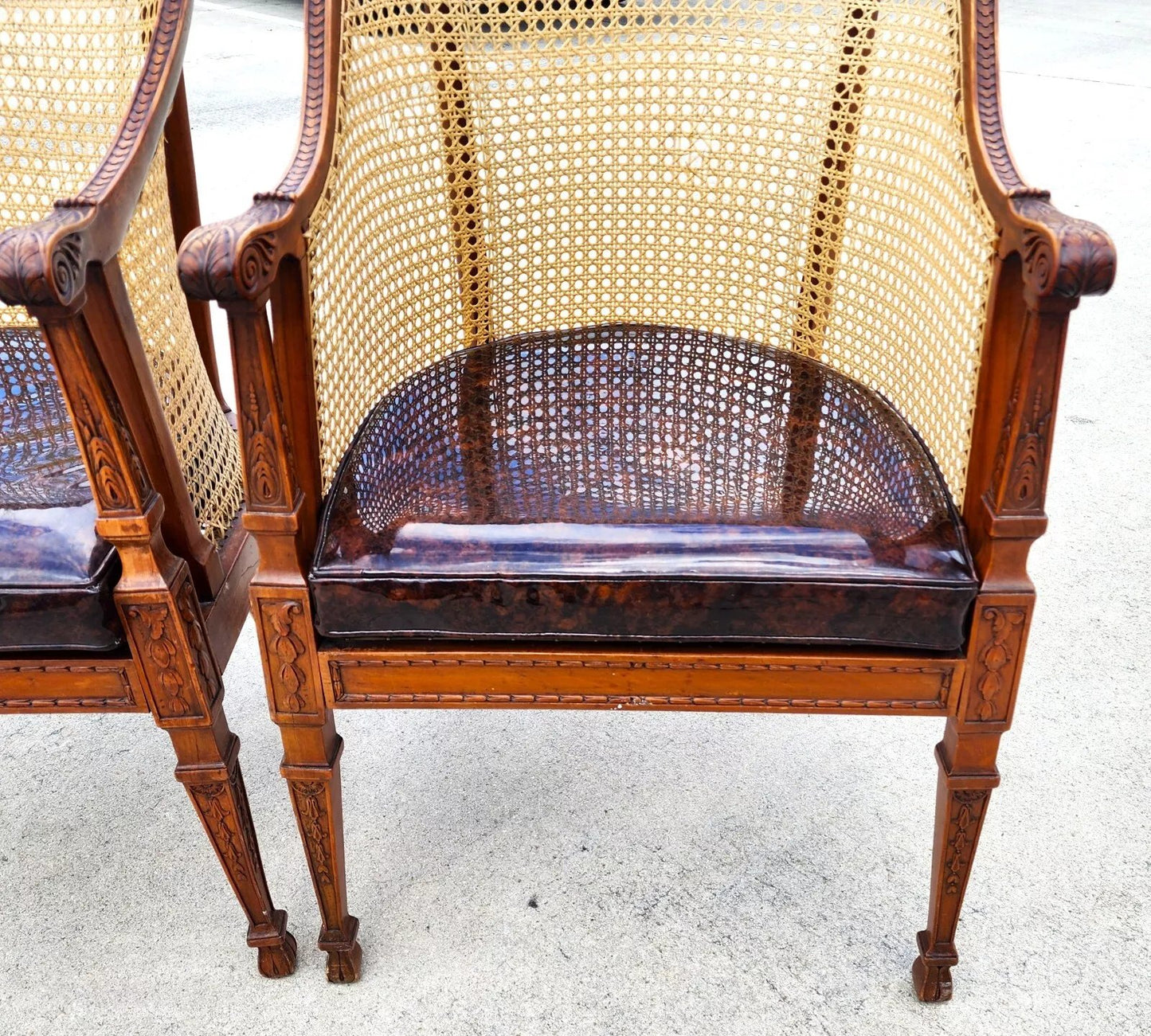 Antique Regency Walnut Caned Chairs Bergere Pair