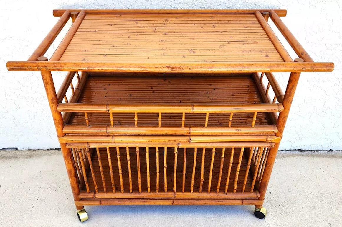 Asian Tiger Bamboo Bar Serving Cart Pagoda Vinatge