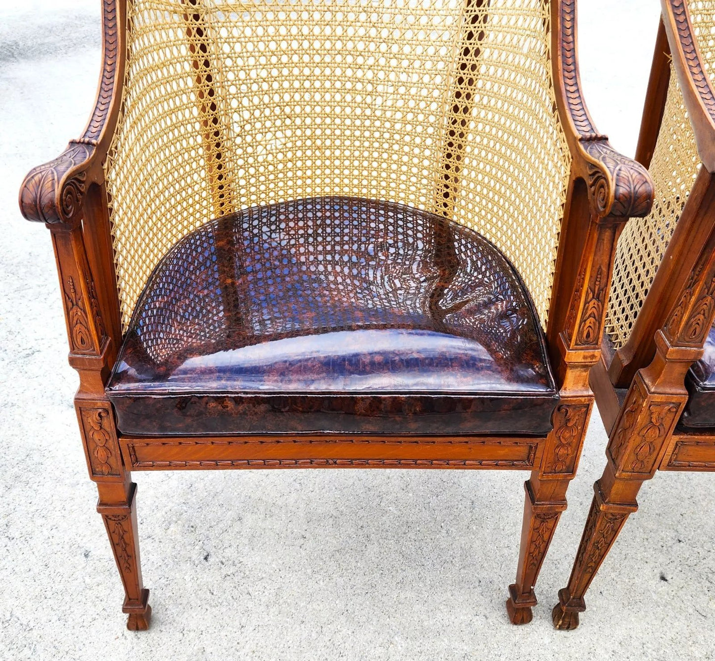 Antique Regency Walnut Caned Chairs Bergere Pair