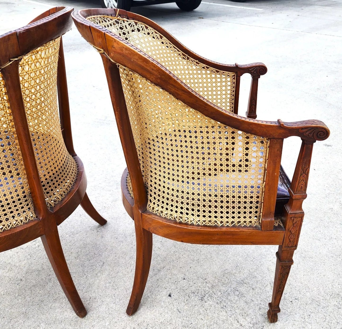 Antique Regency Walnut Caned Chairs Bergere Pair