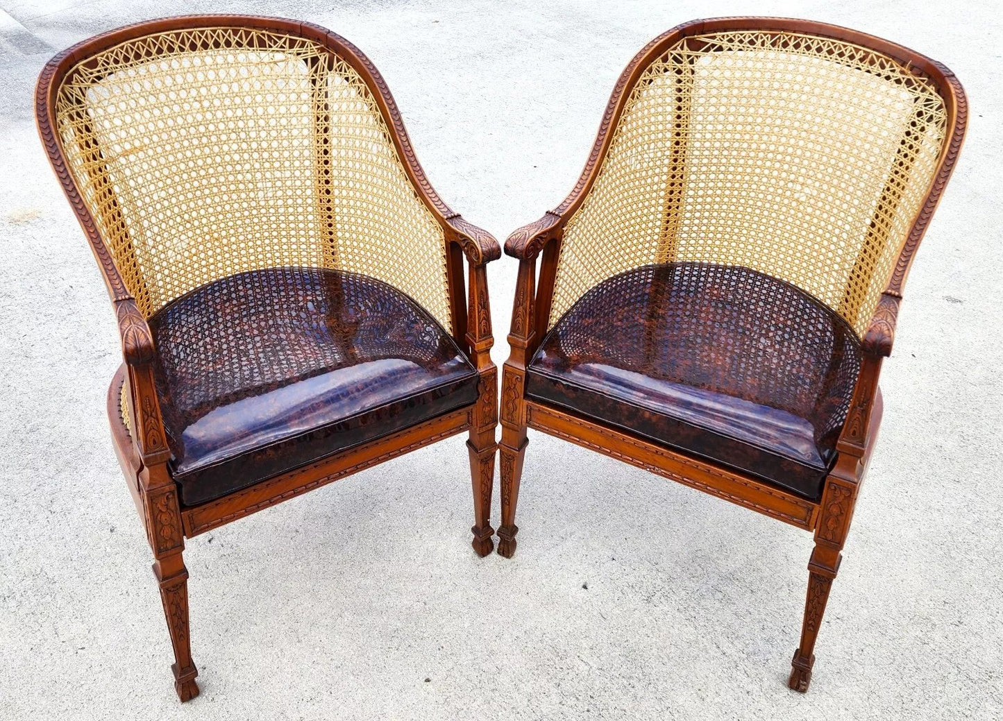 Antique Regency Walnut Caned Chairs Bergere Pair