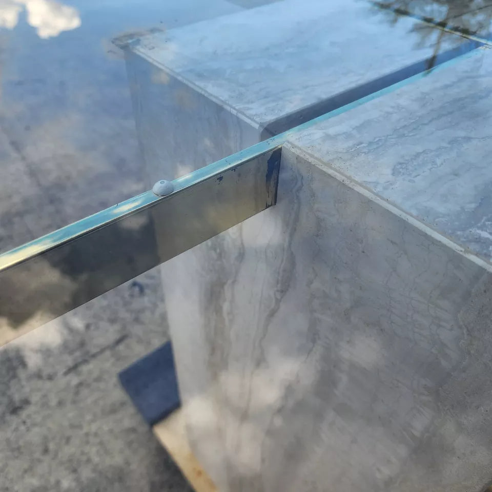 Ello Italian Dining Table Travertine & Glass 1970s