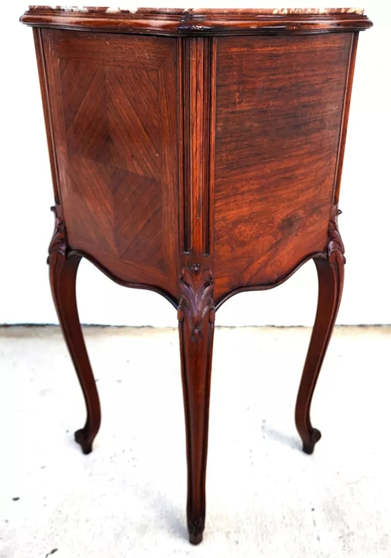 French Bedside Cabinet End Table Walnut & Marble