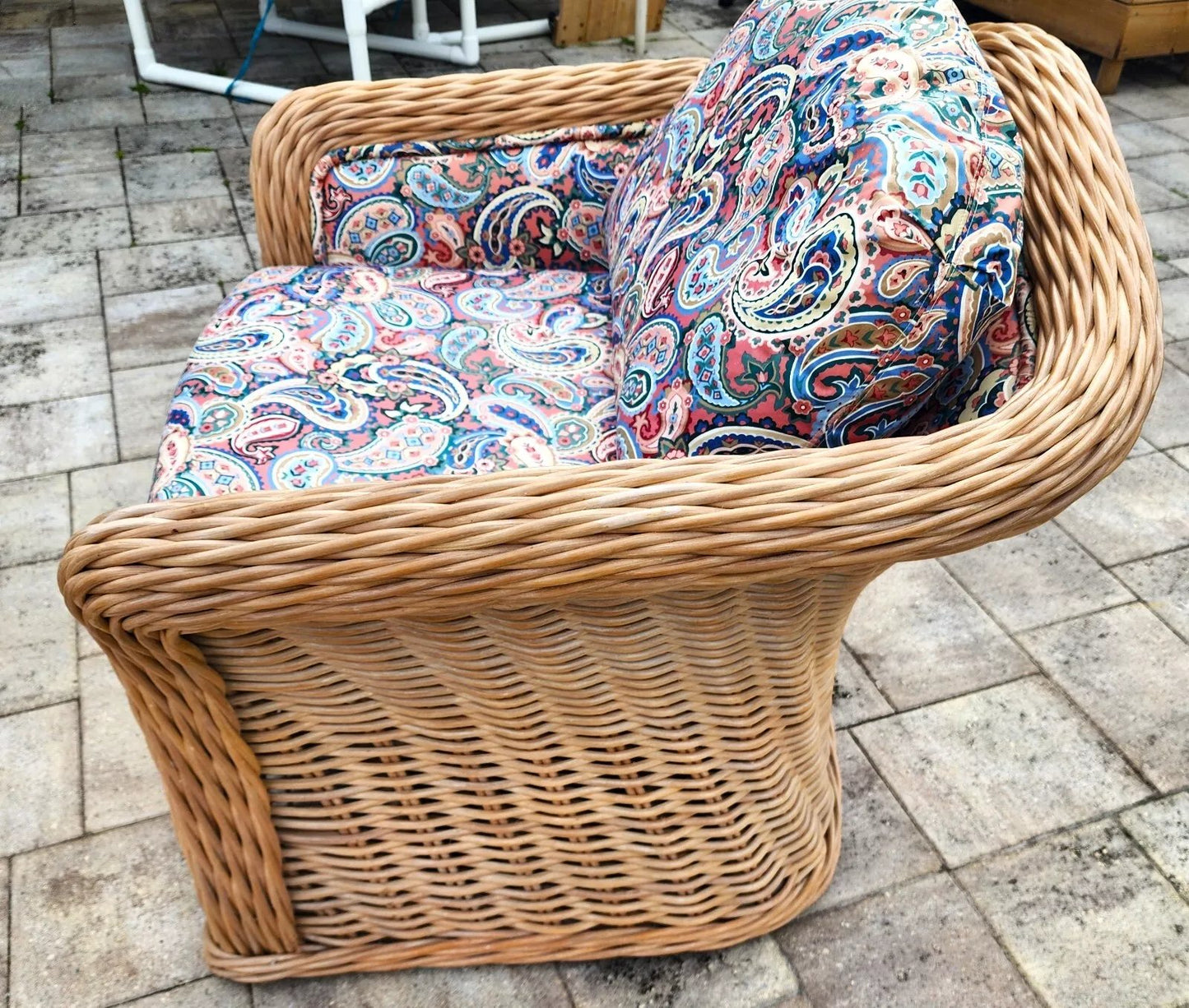 Vintage Ficks Reed Rattan Arm Chair & Ottoman