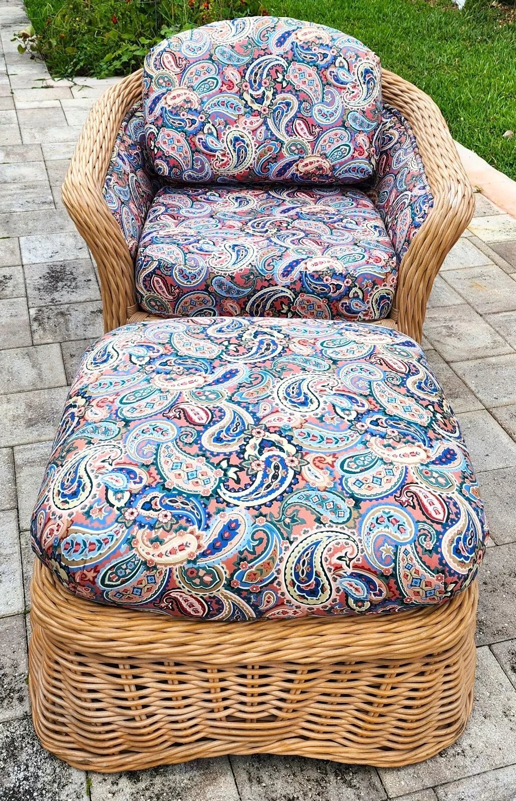 Vintage Ficks Reed Rattan Arm Chair & Ottoman