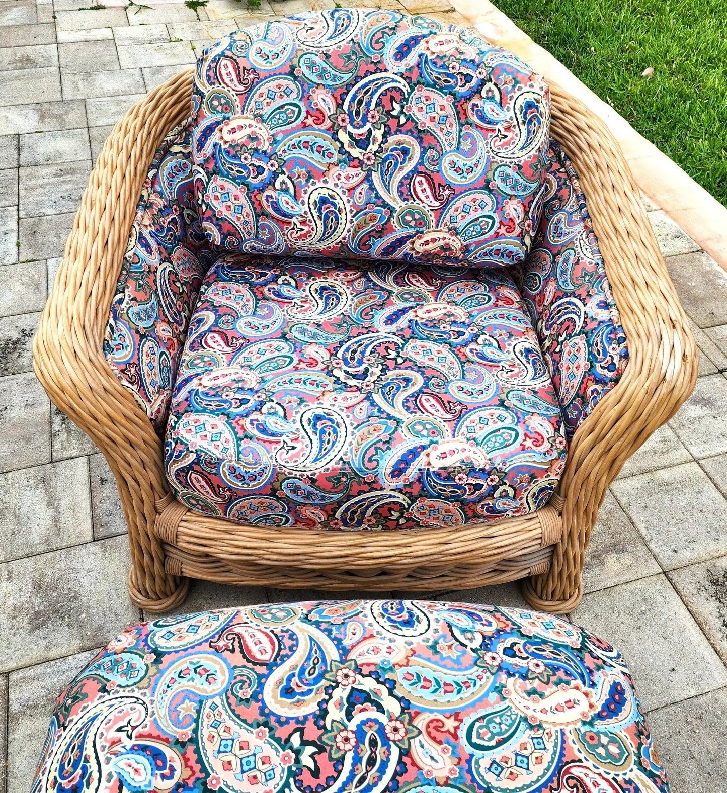 Vintage Ficks Reed Rattan Arm Chair & Ottoman