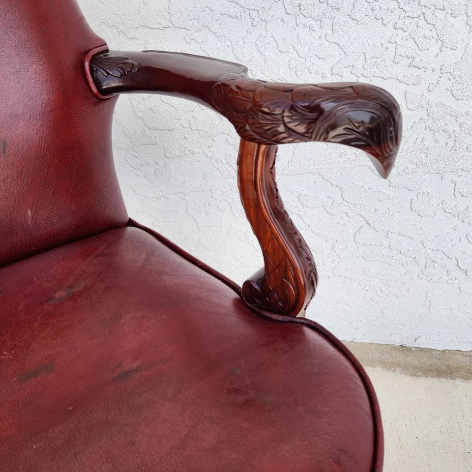 Vintage Georgian Mahogany Carved Eagle Leather Armchair