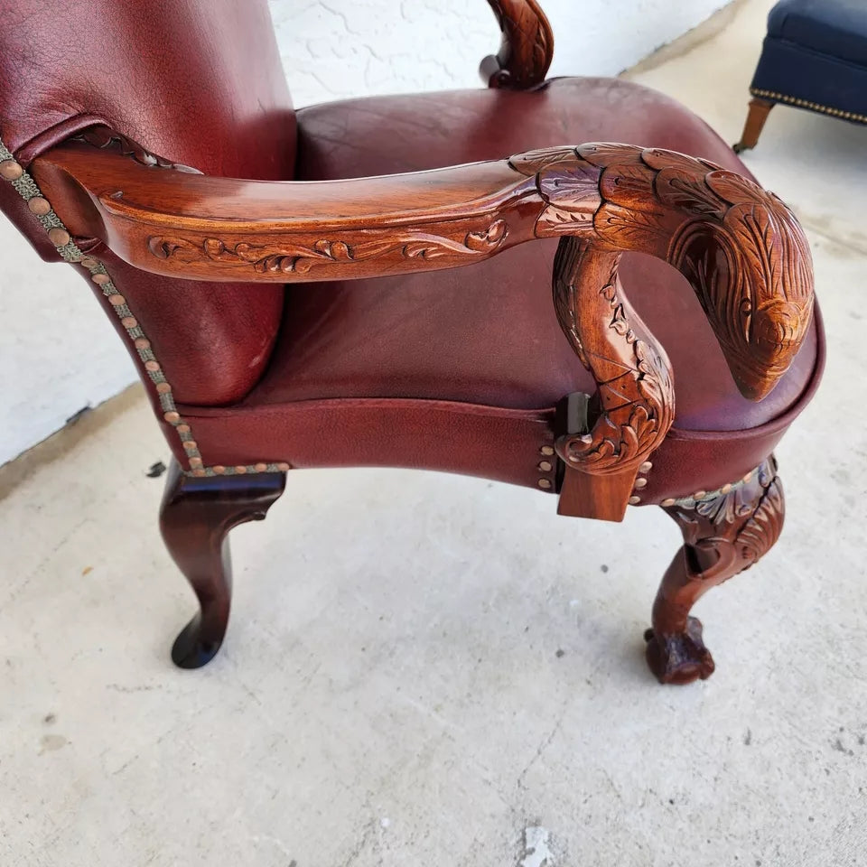 Vintage Georgian Mahogany Carved Eagle Leather Armchair