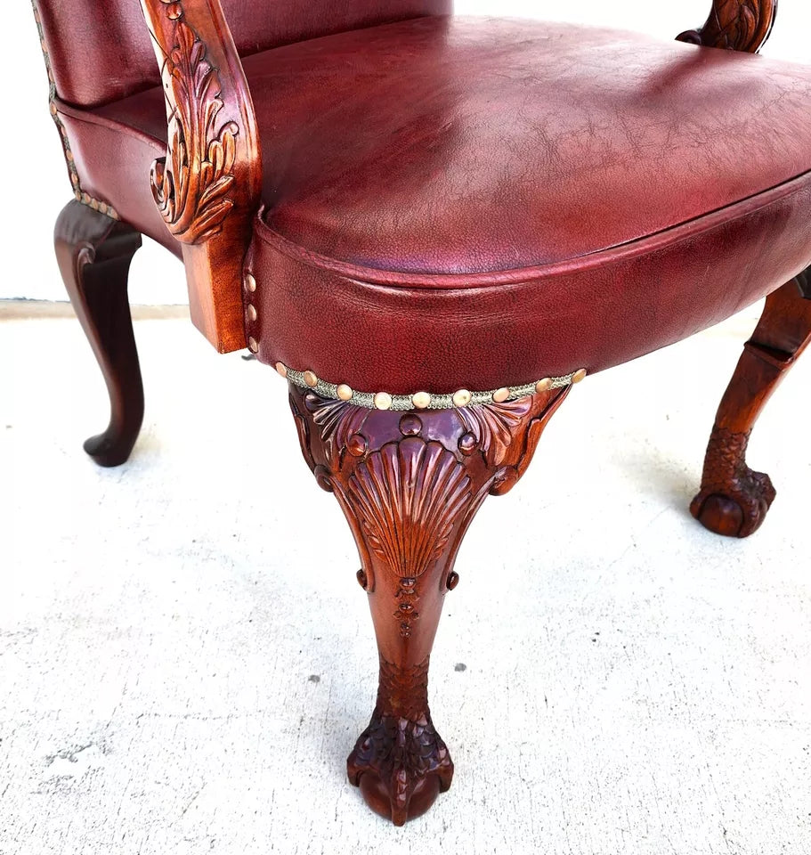 Vintage Georgian Mahogany Carved Eagle Leather Armchair