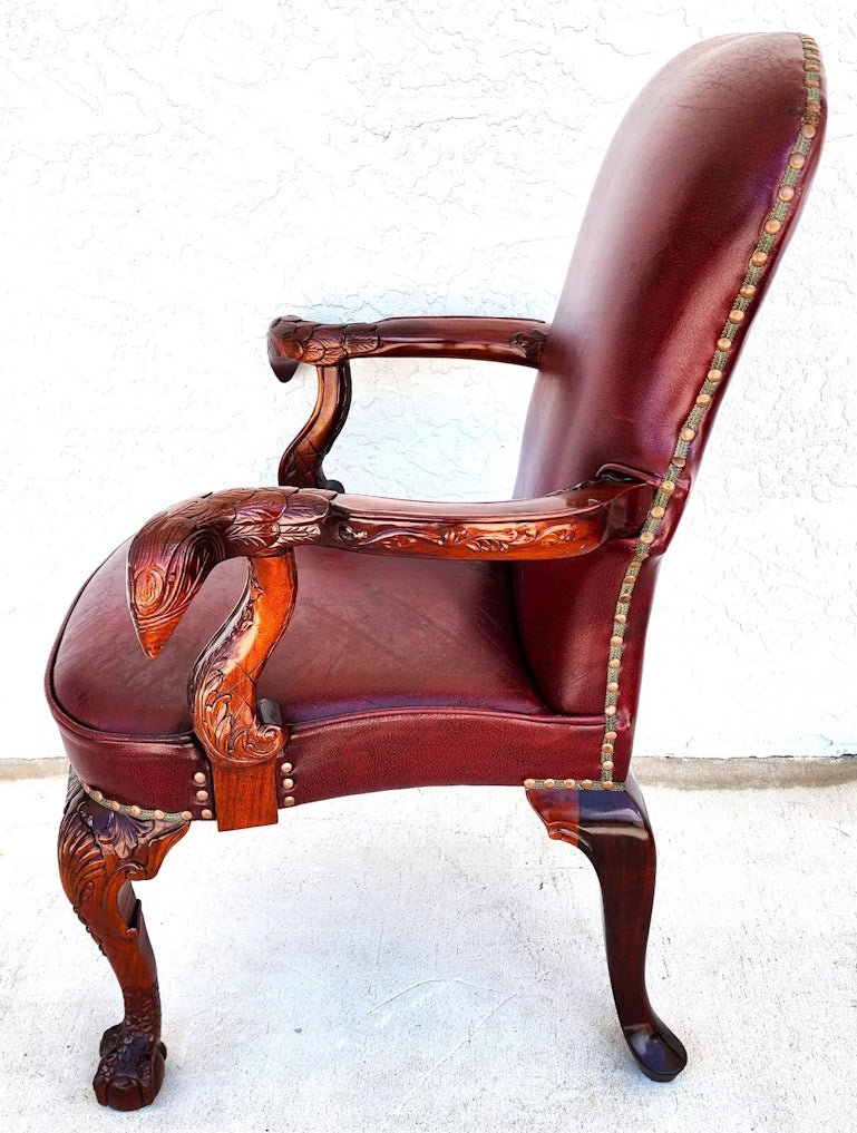 Vintage Georgian Mahogany Carved Eagle Leather Armchair