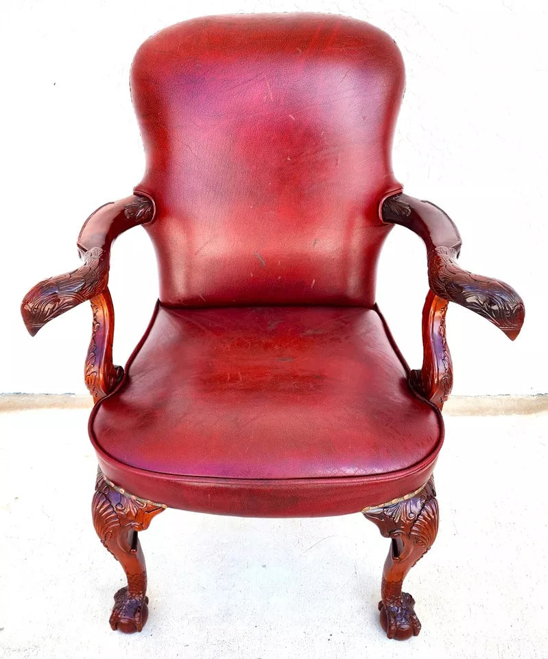 Vintage Georgian Mahogany Carved Eagle Leather Armchair