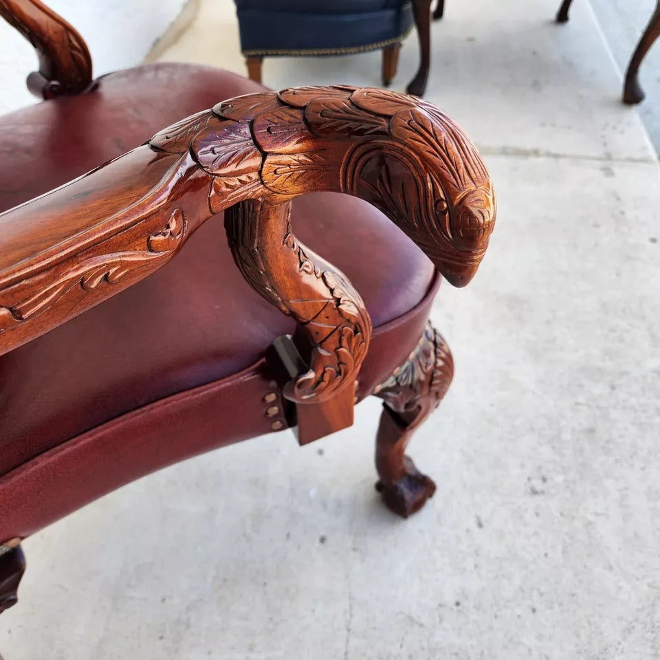 Vintage Georgian Mahogany Carved Eagle Leather Armchair