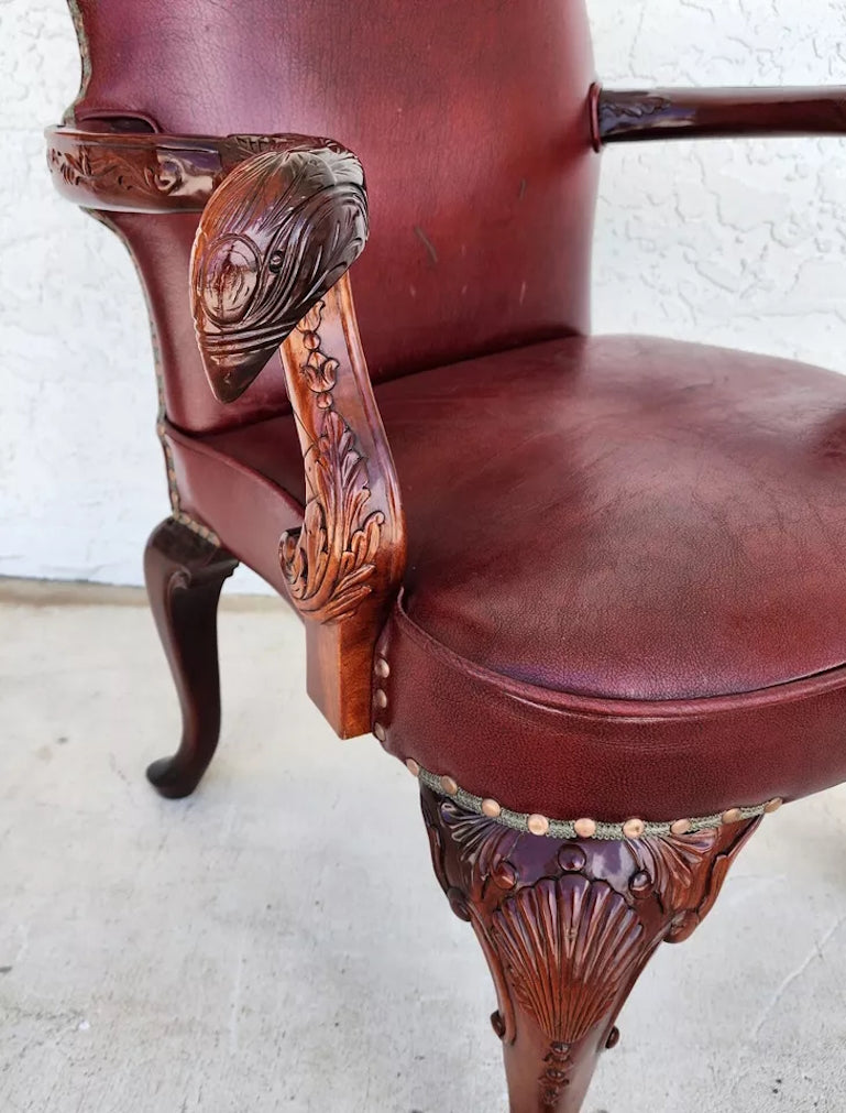 Vintage Georgian Mahogany Carved Eagle Leather Armchair