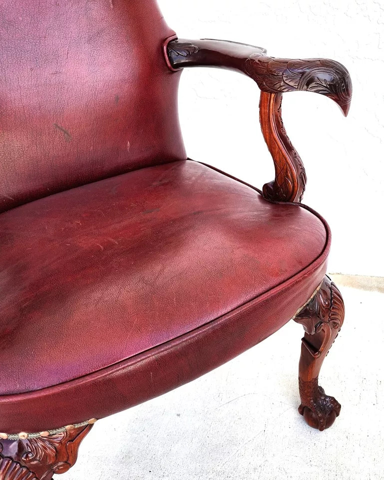 Vintage Georgian Mahogany Carved Eagle Leather Armchair