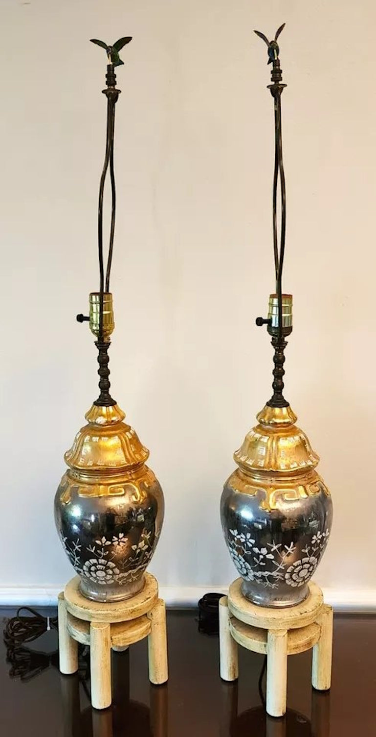 Vintage Asian Hummingbird Table Lamps Pair