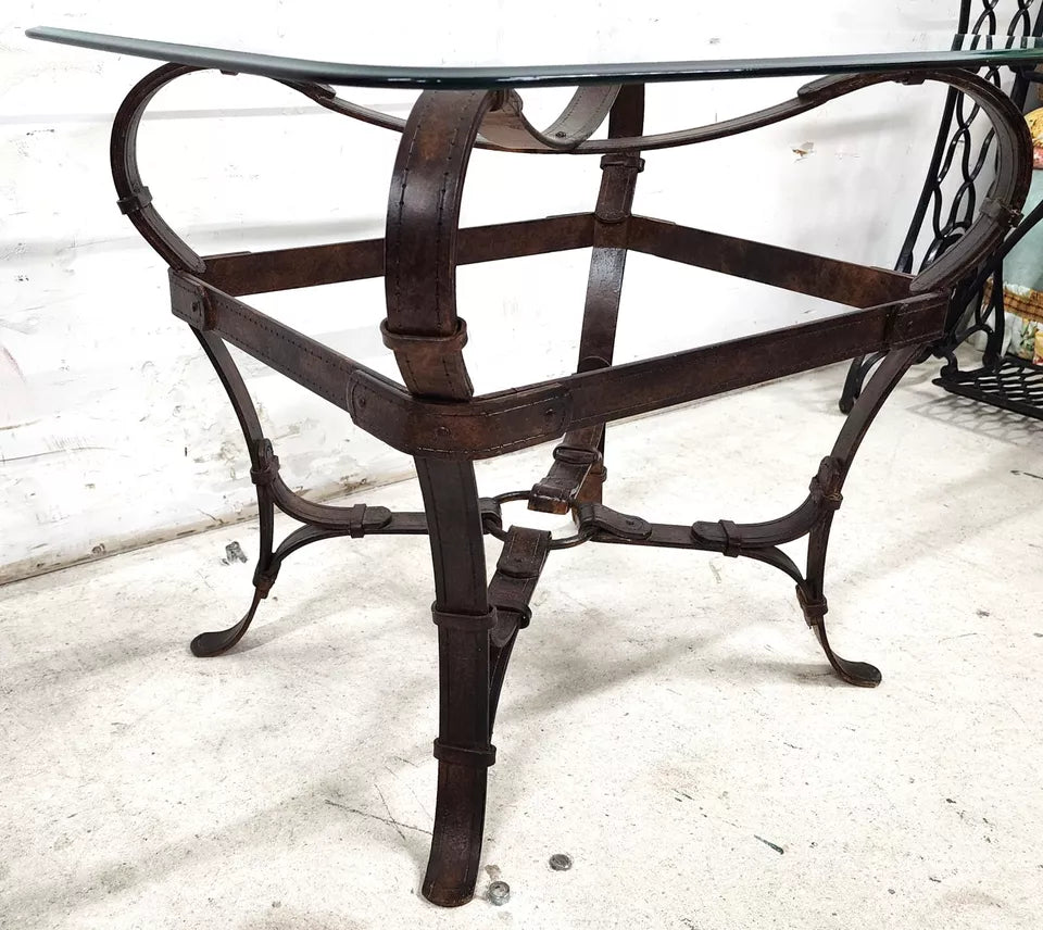 Jaques Adnet Hermes Style Side Table Trompe l'Oeil Leather Straps